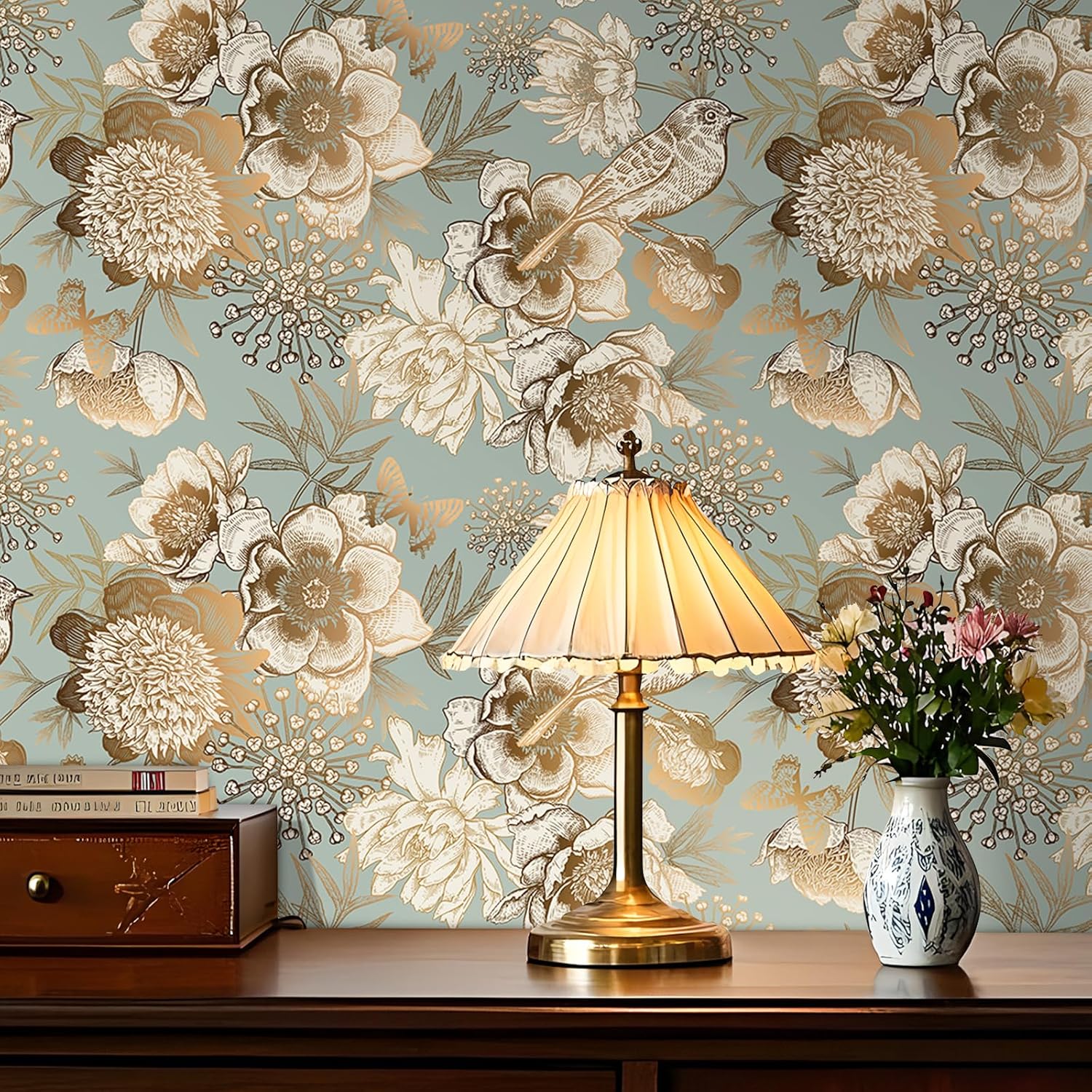 Vintage Etched Floral Bird Wallpaper Peel and Stick Blue Gold Vintage Floral Wallpaper for Bedroom Luxury Victorian Garden Flower Peony Bird Butterfly Contact Paper for Cabinets Drawers 17.5x80