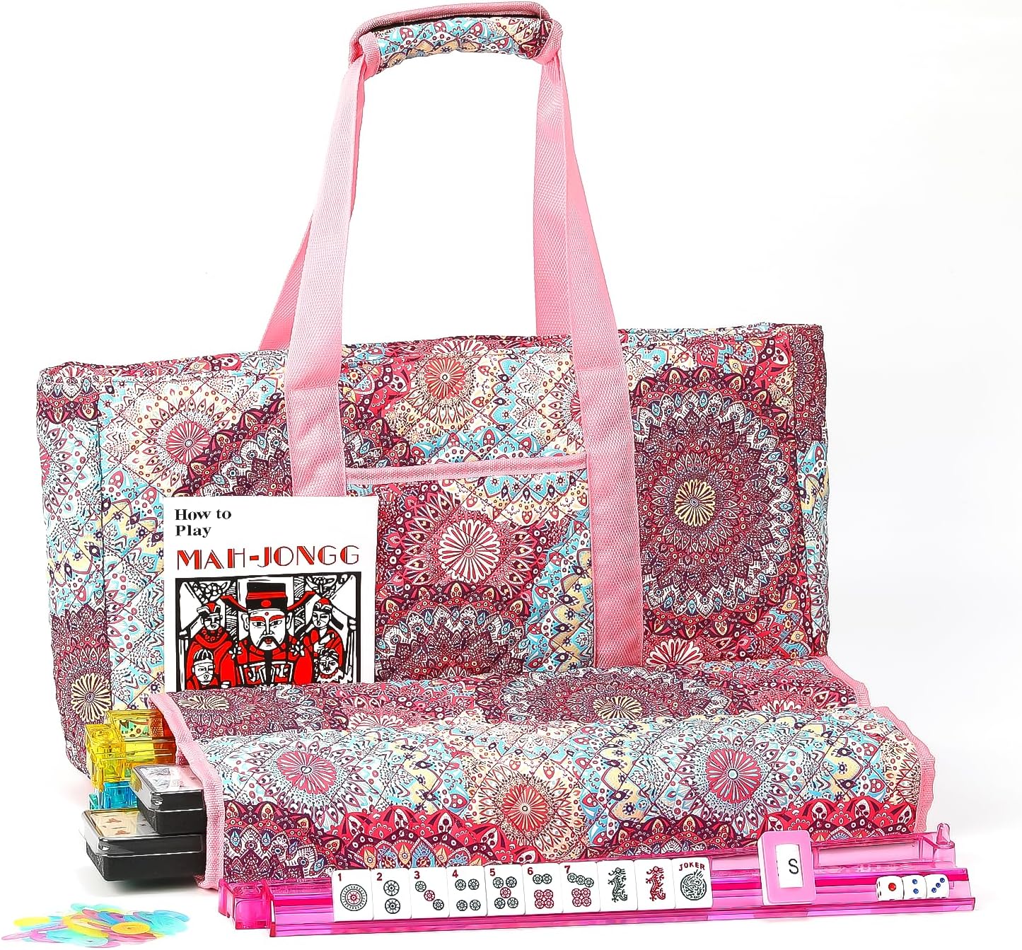 American Mahjong Tile Set with Pink Printed Carrying Bag, 166 Premium Tiles, 4 All-in-One Color Racks/Pushers, Mah Jongg Sets, Mahjong Game Set for Travel, Christmas, Birthday Gifts