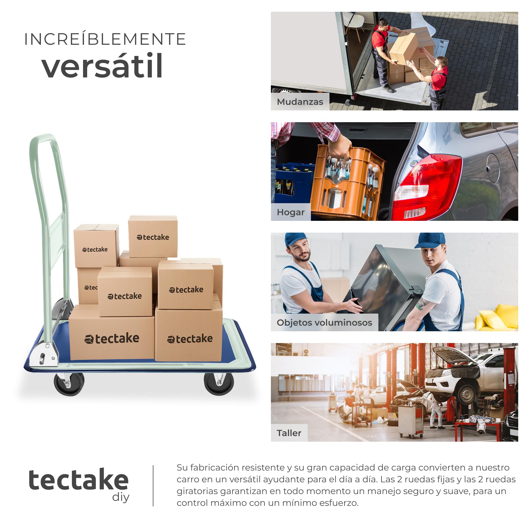 Tectake Carretilla Plegable de Mano 150 Kilos, Carro Transporte con 2 Ruedas Fijas y 2 Giratorias, 73x47x83 cm