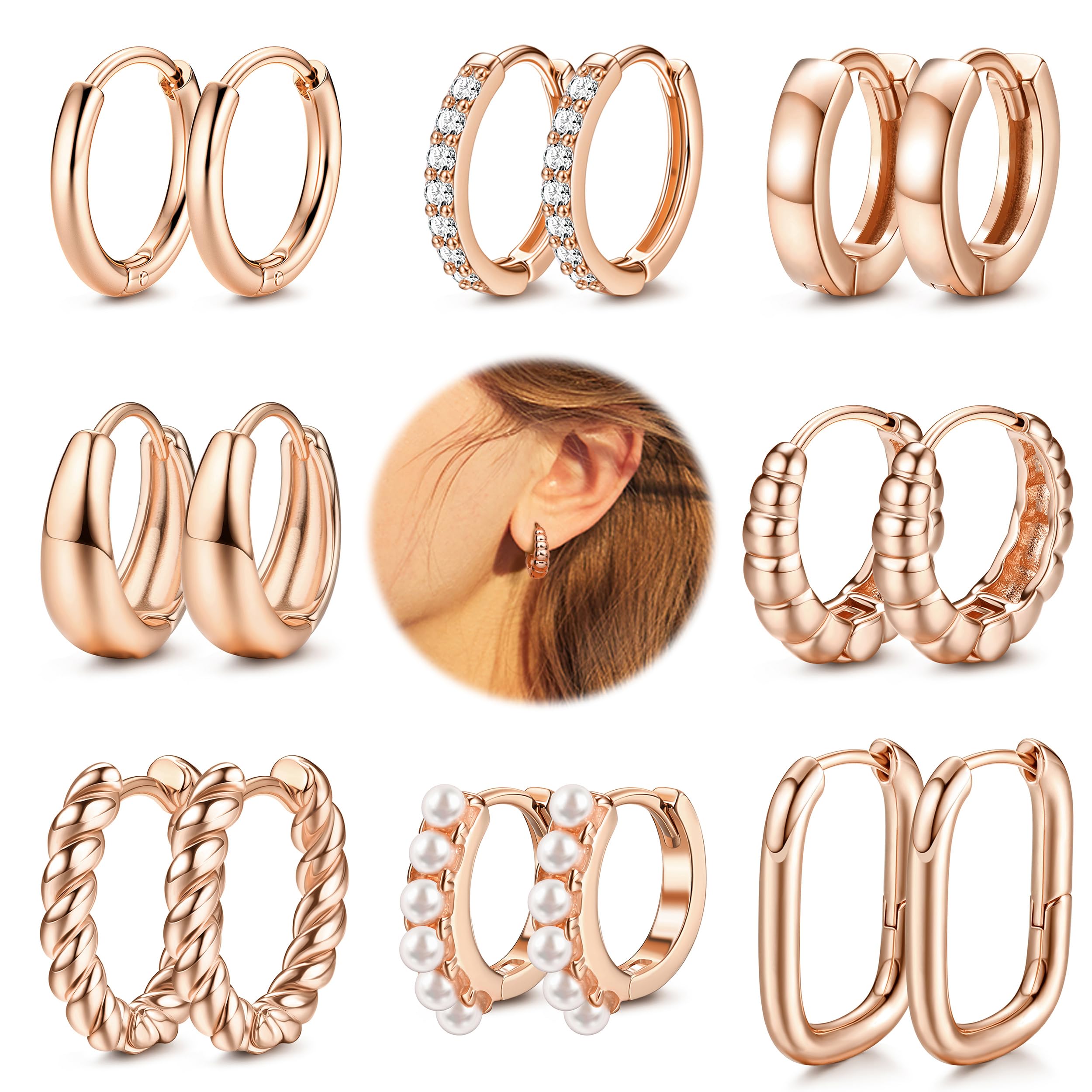 9 Paires Boucles D'Oreilles Femme Or/Arent - Creoles 14K Plaqué Hypoallergénique - Légères Et Empilables