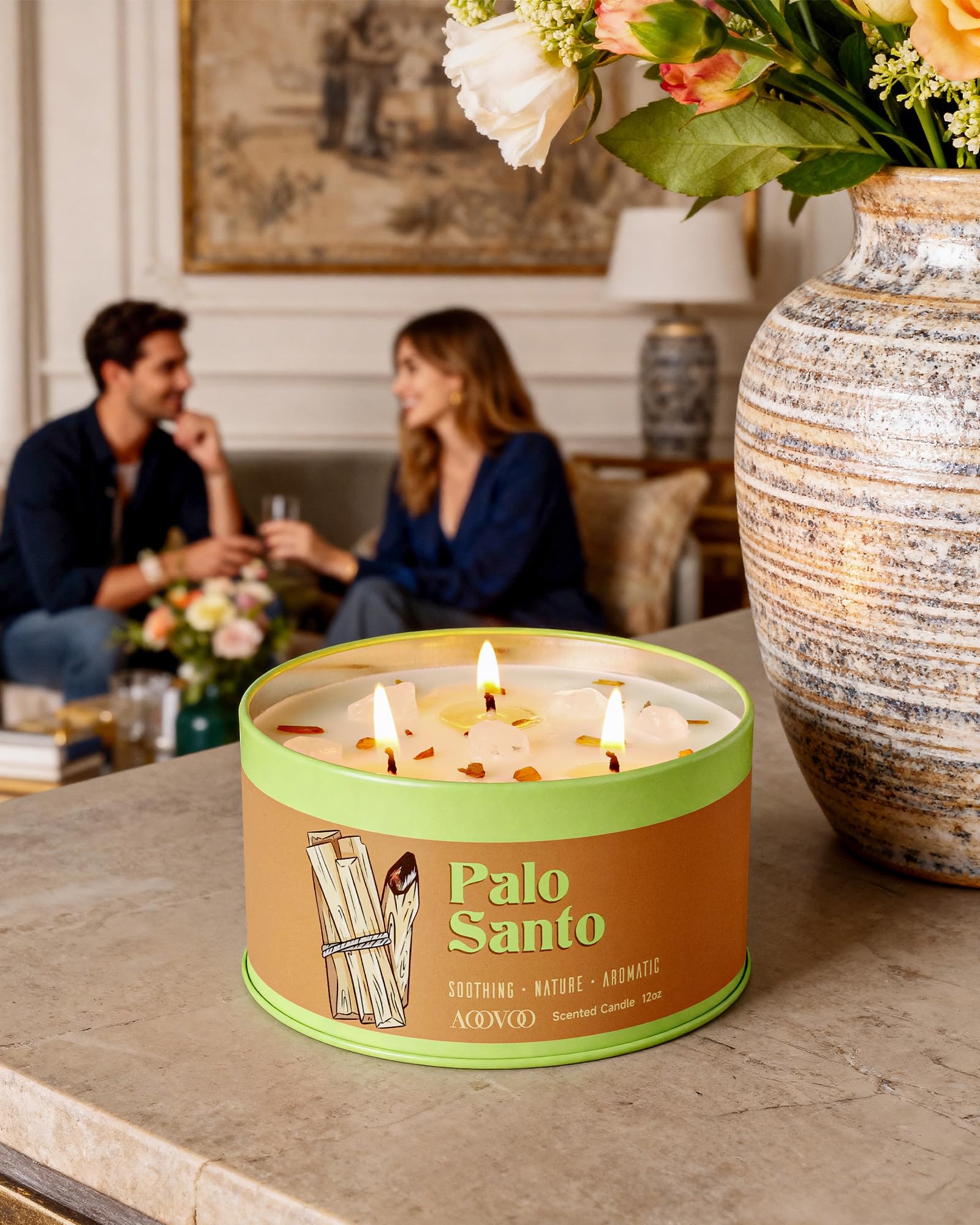 AOOVOO Palo Santo świeca do medytacji i czyszczenia – 3 knoty, 340 g, świeca zapachowa z białymi kryształami i Palo Santo, nietoksyczna świeca sojowa do duchowego uzdrawiania, aromaterapii, prezent