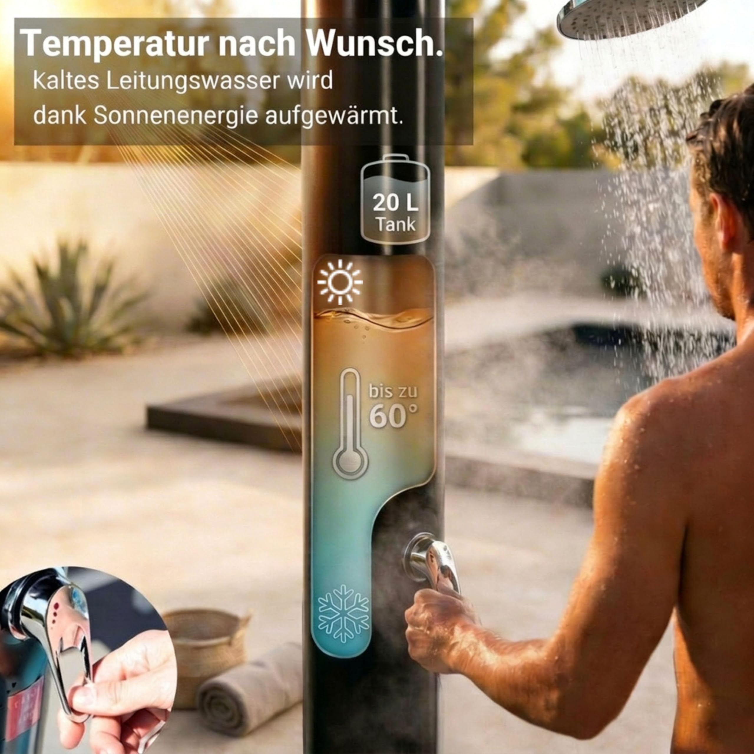novaterra® Ducha solar negra con depósito de 20 l – Ducha de jardín con elemento de suelo, cabezal de ducha de lluvia, ducha de pies, cubierta protectora y bandeja – Sistema de ducha para jardín y