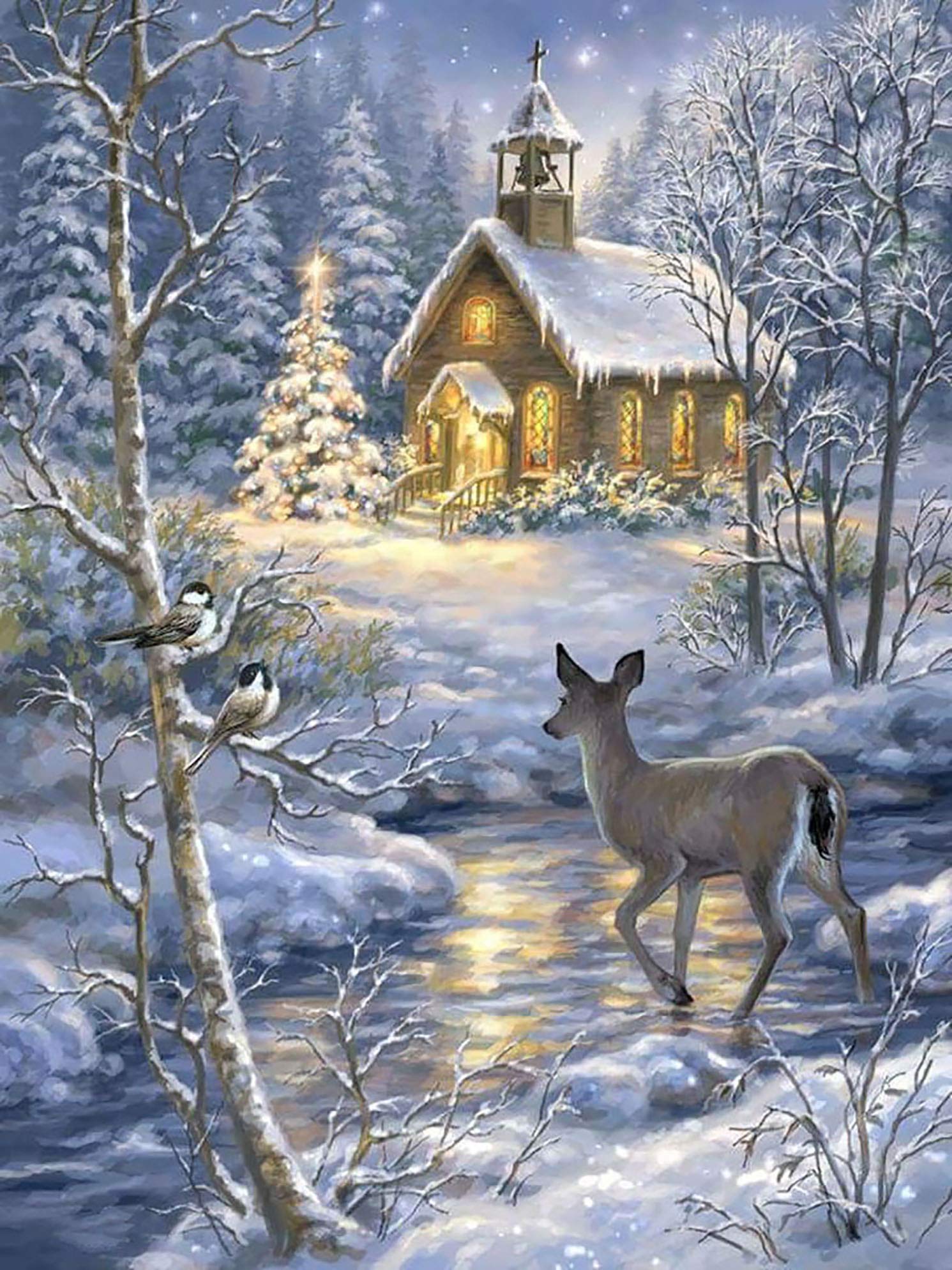 Kaliosy5D Diamond Painting Landscape Villa Small River Snow Scene House Deer Bird by Number Kits Paint with Diamonds Art, DIY Crystal Craft Full Drill Cross Stitch Decoration (12x16inch)