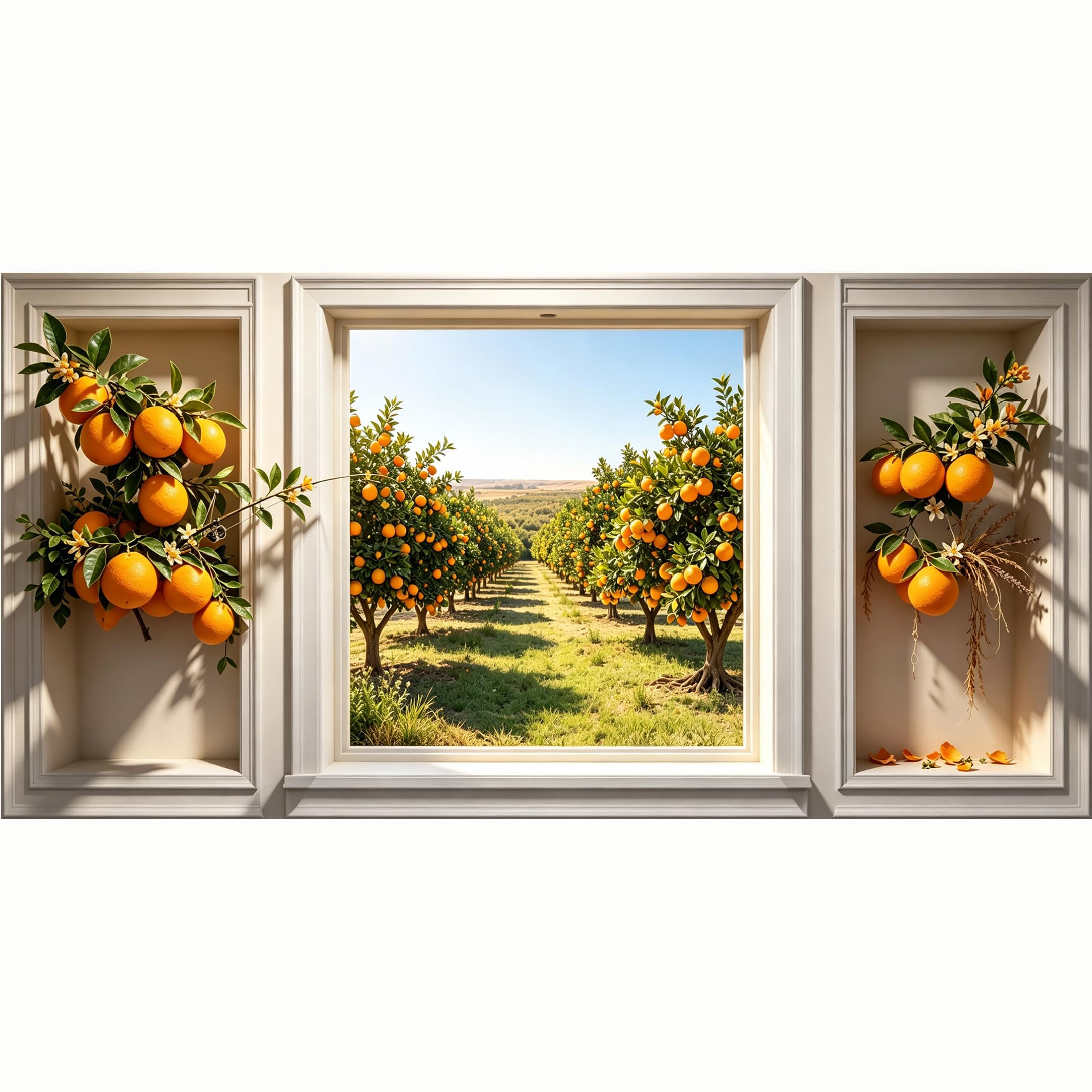 QZLITHOTIC 50x100cm 3D Framed Wall Art， Mediterranean Citrus Fruit Orchard Landscape， Self‑Adhesive Mural， Water‑Activated Peel & Stick Fabric Decor Wall Decal for Bedroom Living Room