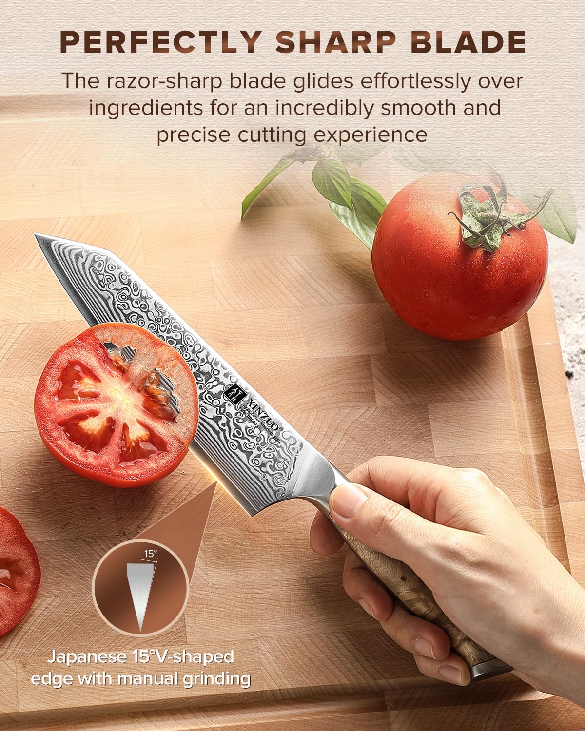 XINZUO Kiritsuke Chef Knife 5.8",Sharp Forged Damascus Stainless Steel Sharp Small Kitchen Knife,For Home & Restaurant,Full Tang Figured Sycamore Wood And Mosaic Copper Rivet Handle — Amazon image 3