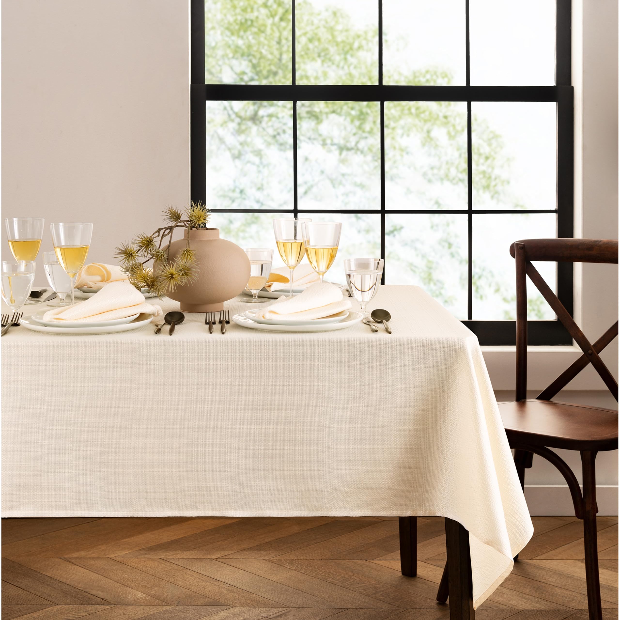 Elrene Home Fashions Laurel Tischdecke mit Fester Textur, Wasser- und schmutzabweisend, rechteckig, 152,4 x 378 cm, elfenbeinfarben