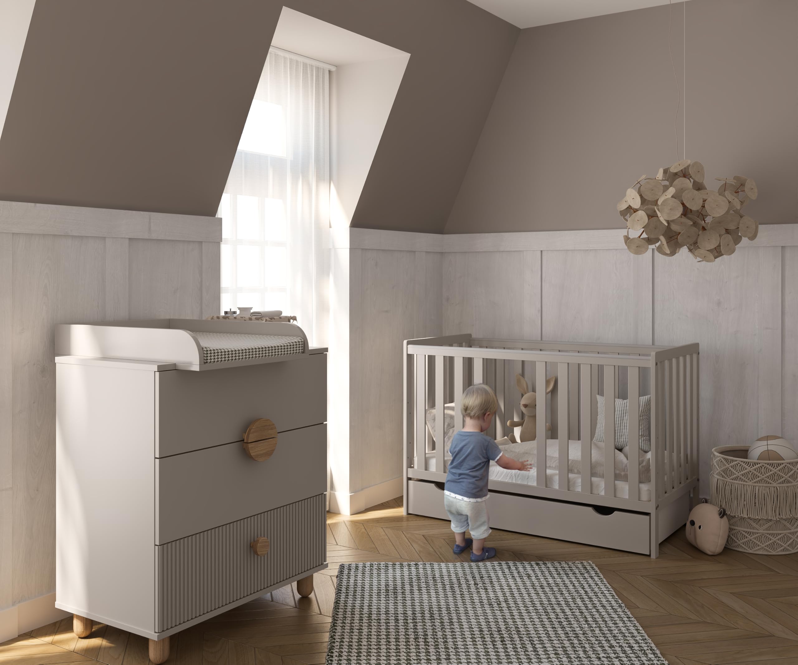 zee Set Cameretta Neonato 120x60 cm Cashmere Lettino con Cassetto e Spondina + Comò Fasciatoio LOFT Mobile Fasciatoio Set Mobili Cameretta Trasformabile in Lettino Junior