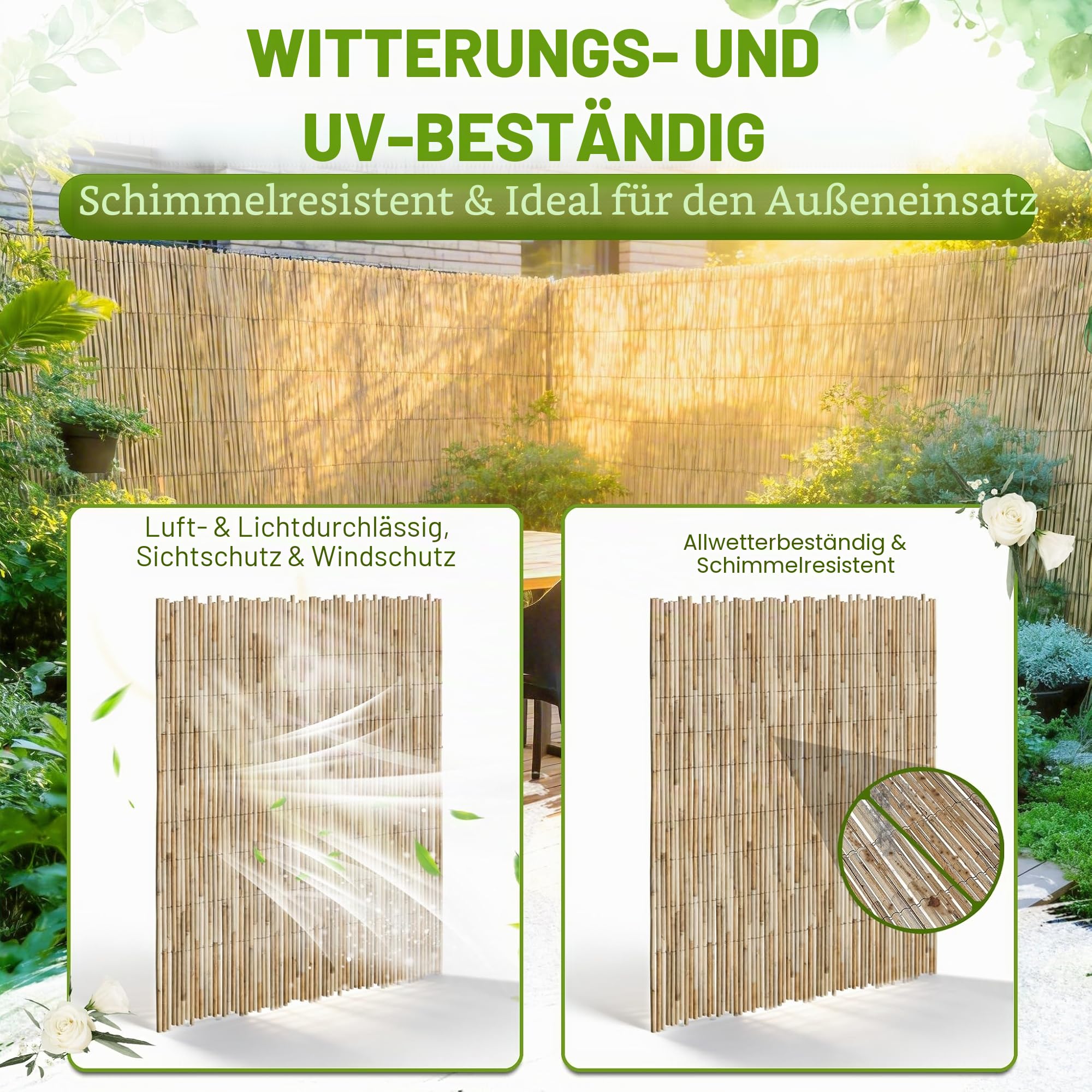 200x300cm Schilfmatten, Natur Schilf Sichtschutz Zaun mit Kabelbinders, 2-in-1 Windschutz & Sonnenschutz Schilfrohrmatte, Dekorative Gartensichtschutz für Balkon, Terrasse, Garten
