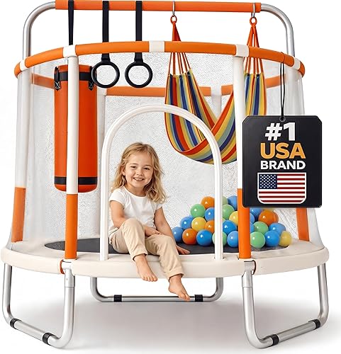 Happin® 55’’ Trampoline for Kids with Safety Enclosure, Indoor & Outdoor Toddler Trampoline, Ultra Safe Design with Multi Activity Accessories,