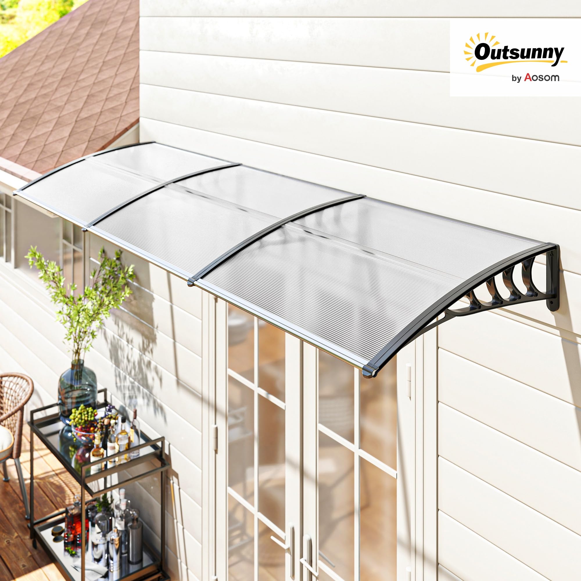 Outsunny Tettoia per Esterni Curva con Viti e Bulloni Inclusi, Pensilina in Policarbonato, PP e Alluminio, 90x295x23.5 cm, Nero e Trasparente