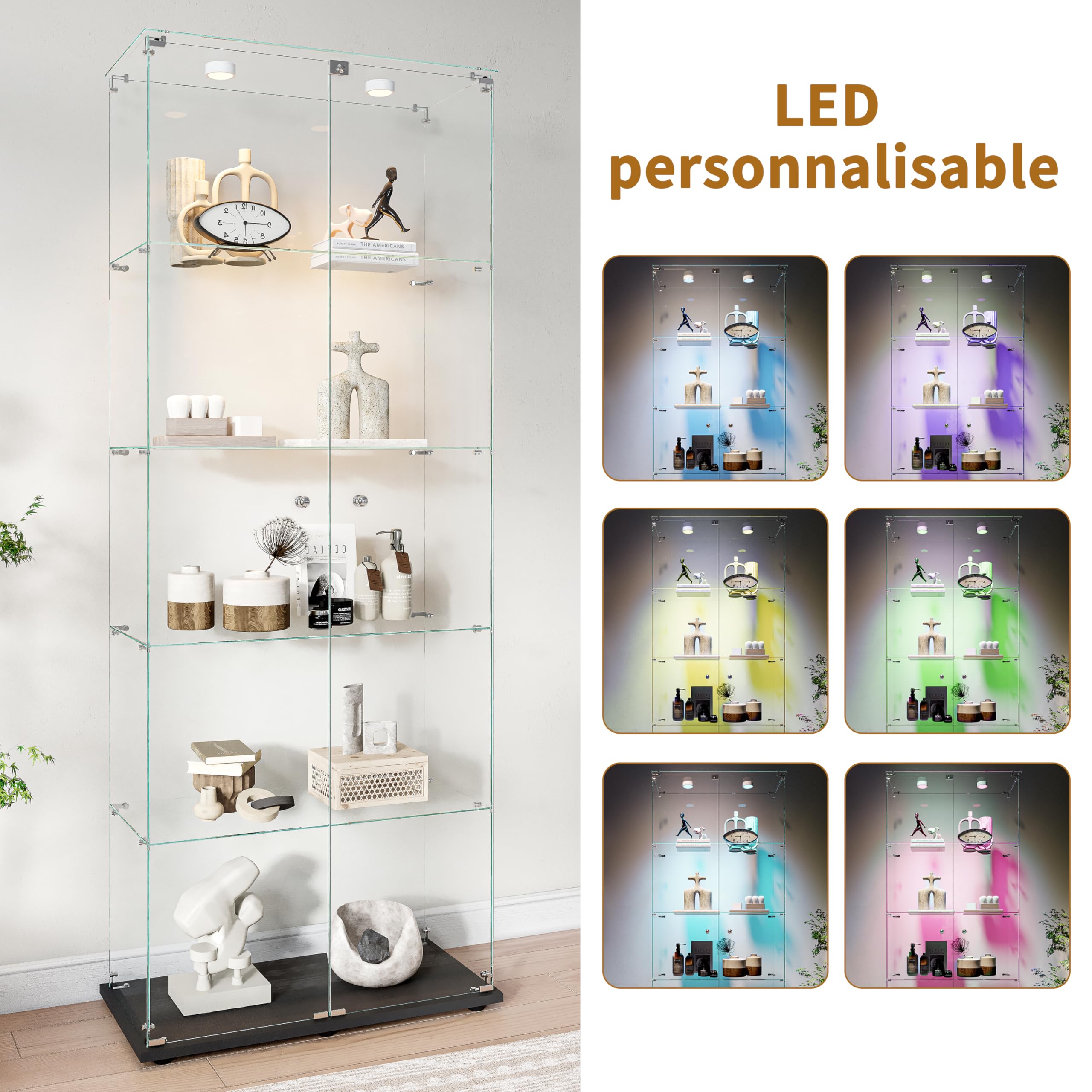 Vitrina de cristal con 2 puertas 5 estantería, mueble vitrina de cristal LED con cerradura, armario de cristal, vitrina de cristal con portavitrinas a pie para colecciónescaparate columna