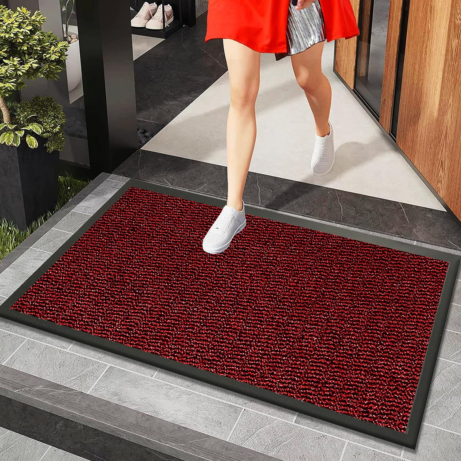 Rugs Inn Sunny Rubber Door Mat Outdoor - Strong PVC Backing Solid Thick Waterproof Kitchen, Bathroom, Machine Washable Indoor Floor Mats (40 x 60 cm, Red) — image 1