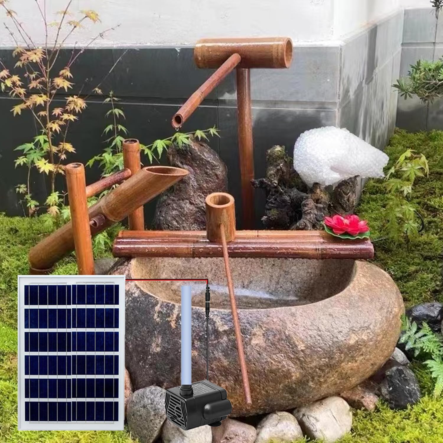 Syluoqp Light Brown Zen Garden Bamboo Solar Water Fountain, Diy Wooden Outdoor Fountain