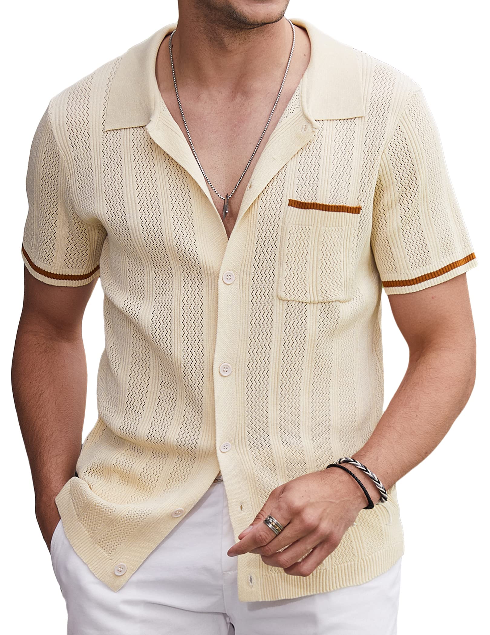 COOFANDYMen's Knit Button Down Shirt 2025 Vintage Short Sleeve Polo Shirt Casual Beach Tops