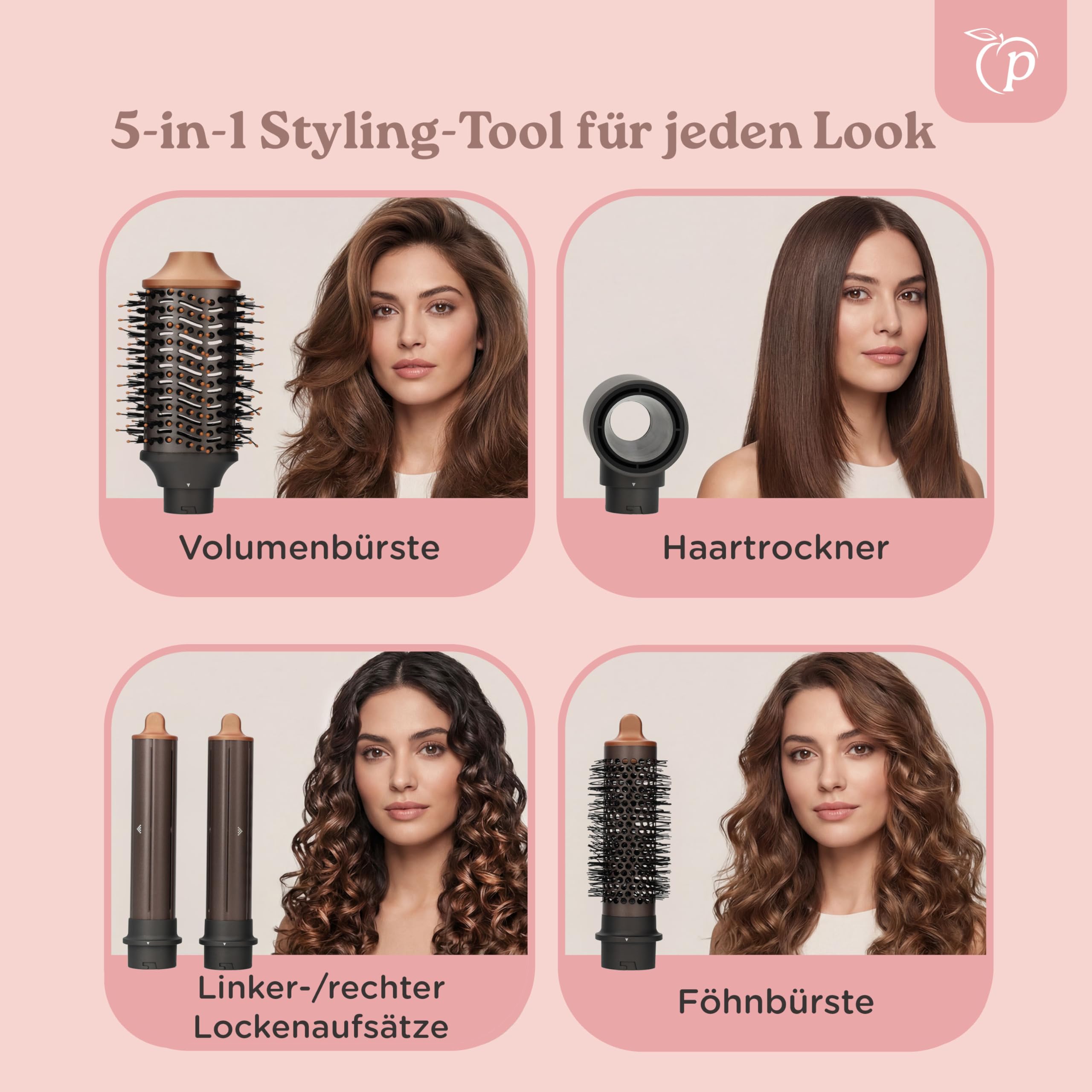 Hairstyler 5-in-1 | Airstyler Set | Heißluftschlauch | Multistyler | Volumen-Bürste | Runde Bürste | Lockenstab | Haartrockner | 110.000 U/min | 1400 W