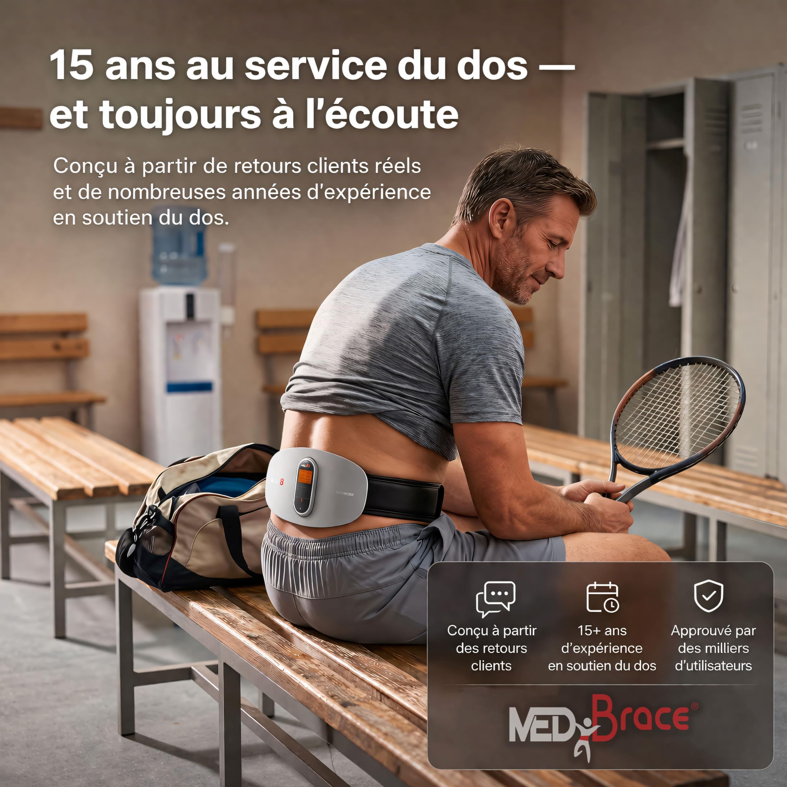 MEDiBrace PULS8 Ceinture chauffante de massage par impulsions pour le bas du dos et l’abdomen, rechargeable USB-C, sans fil, lumière rouge (LED) (PULS8 Complete (inclut l’adaptateur secteur USB))