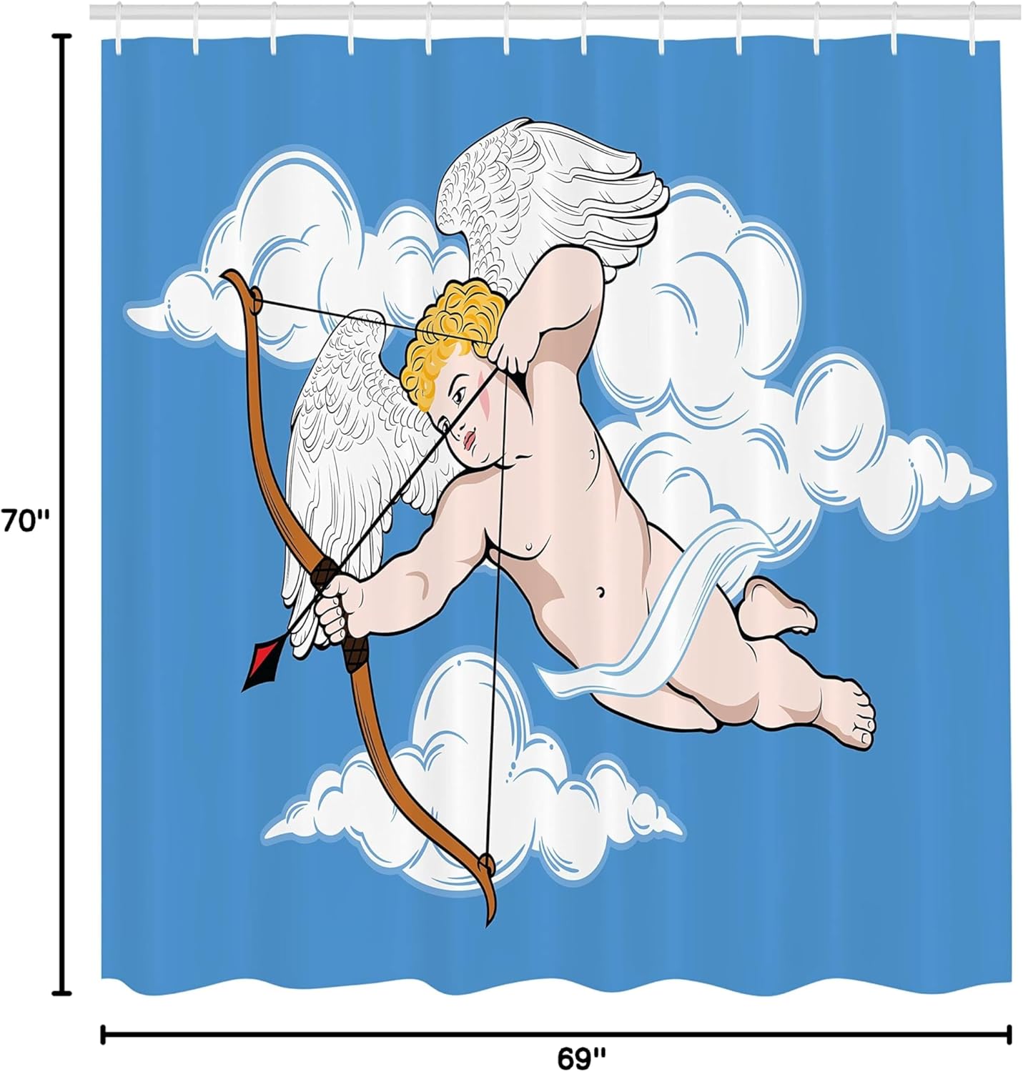 Ambesonne Angel Wings Shower Curtain, Cupid is Aiming from A Bow Love Shoot of Desire on The Clouds Cartoon Print, Cloth Fabric Bathroom Decor Set with Hooks, 69" W x 70" L, Blue and White