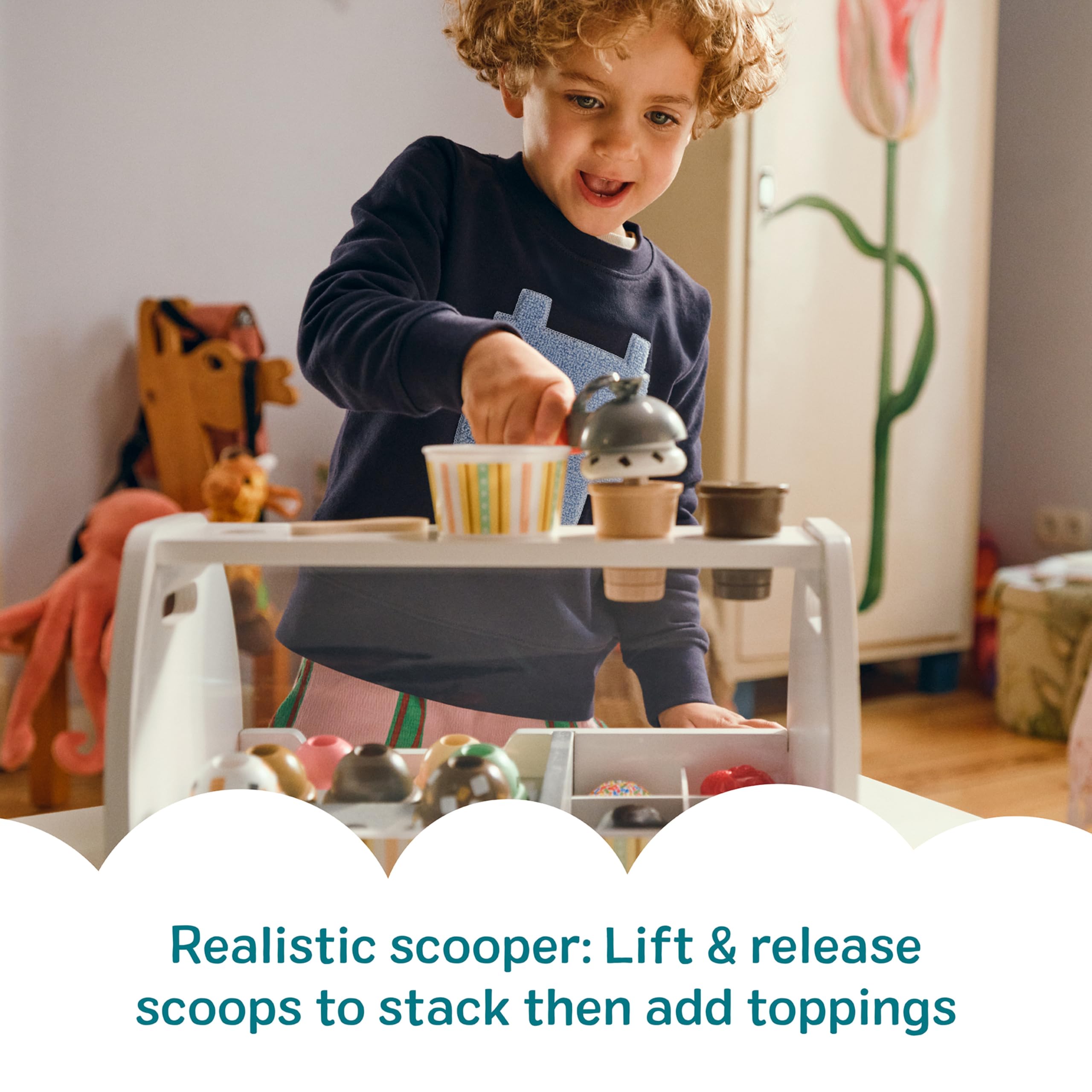 Melissa & Doug Wooden Scoop and Serve Ice Cream Counter (28 pcs) - Play Food and Accessories