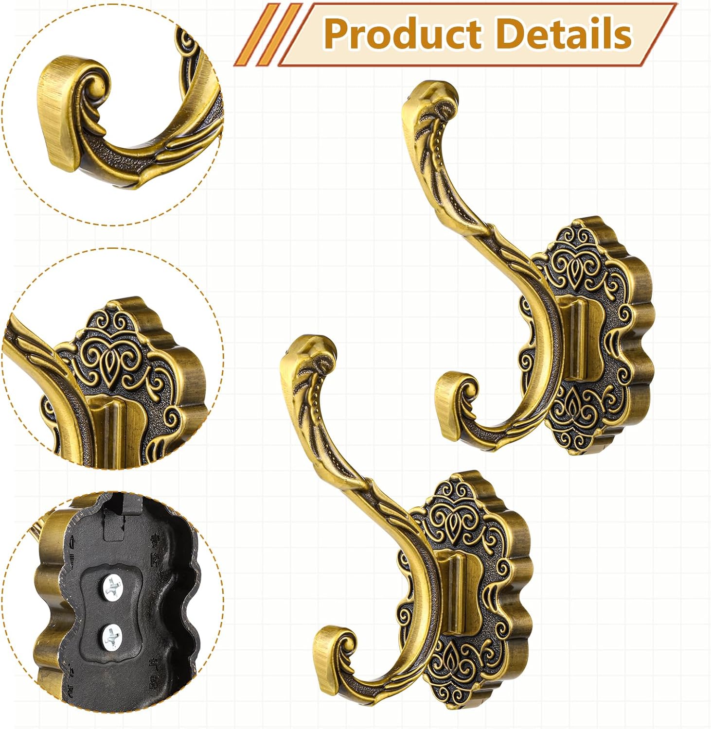Dimeho 4pcs Vintage Brass Coat Hooks Antique Brass Wall Hooks Gold Decorative Towel Hook Wall Mounted Hanger Rust Resistant Wall Hook for Key Bags Hat Scarves Clothes Entryway Bedroom Bathroom