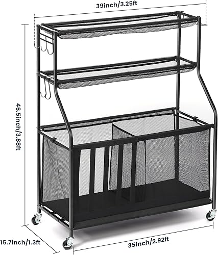 Miniatura 6 de Organizador de equipo deportivo de garaje con cubo de almacenamiento de pelota de 37 galones, estante deportivo con ganchos y correas elásticas para