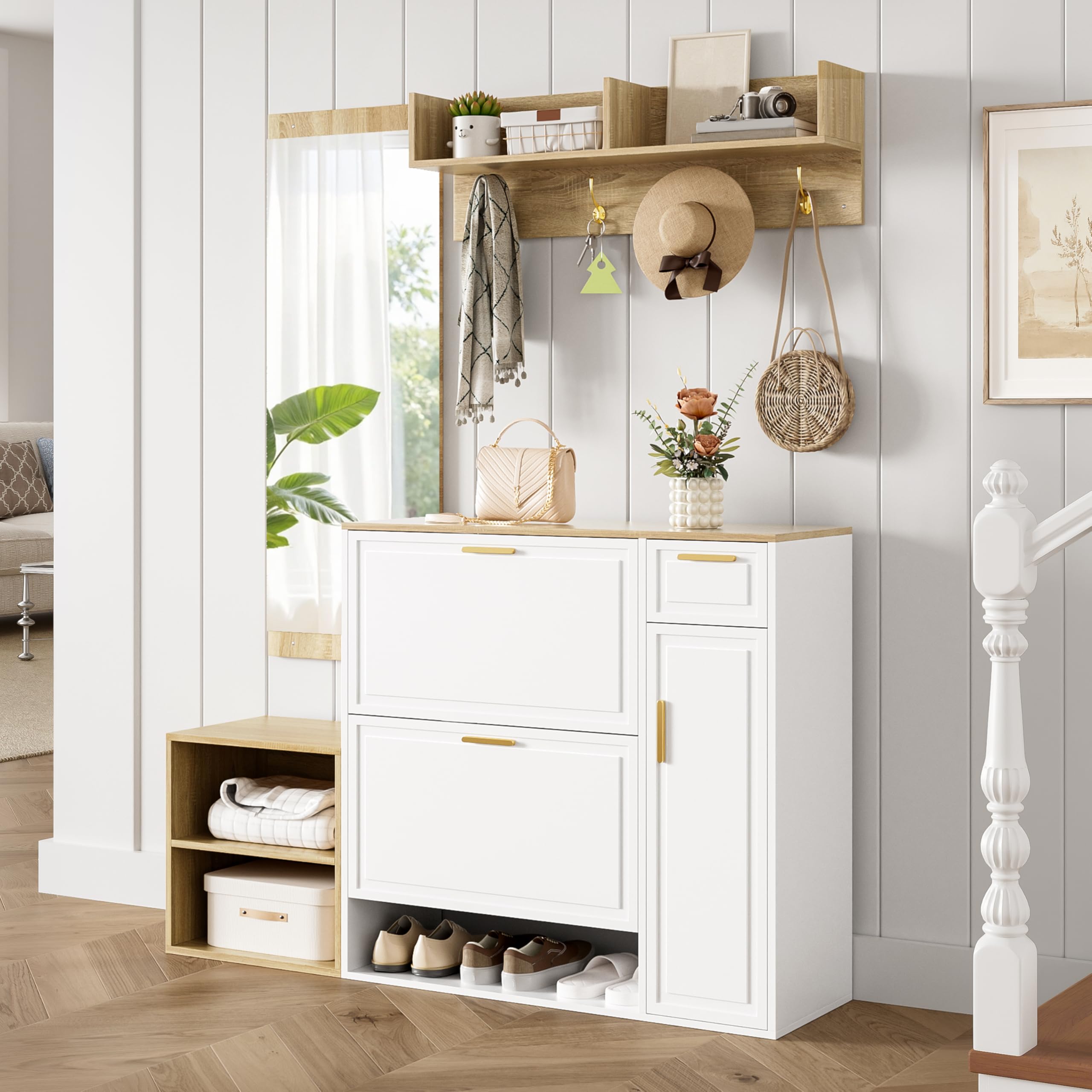 Garderobenset Wandgarderobe, Flurgarderobe Set mit Schuhschrank und Spiegel, Garderoben Set mit Kippfach Schuhkippern & Wandgarderobe, Kompaktgarderobe, Flurschrank für Flur, Weiß 139.5x35x166cm