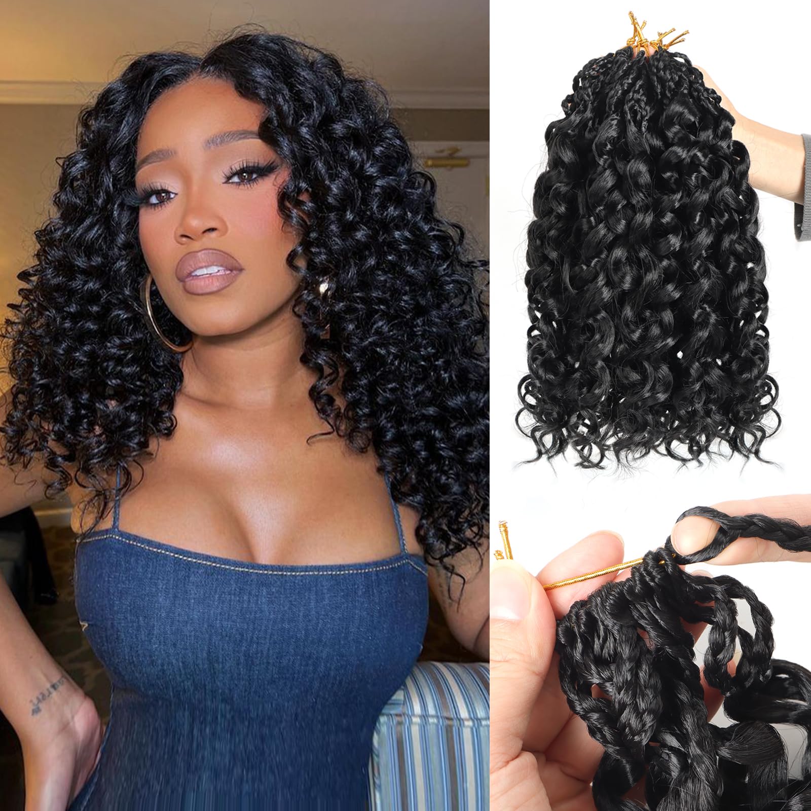 Datanala GoGo Curl Crochet Hair 14 Inch Water Wave Crochet Hair 8 Packs Long Beach Pre Looped Curl Crochet Braiding Hair Synthetic Extensions For Women (1B