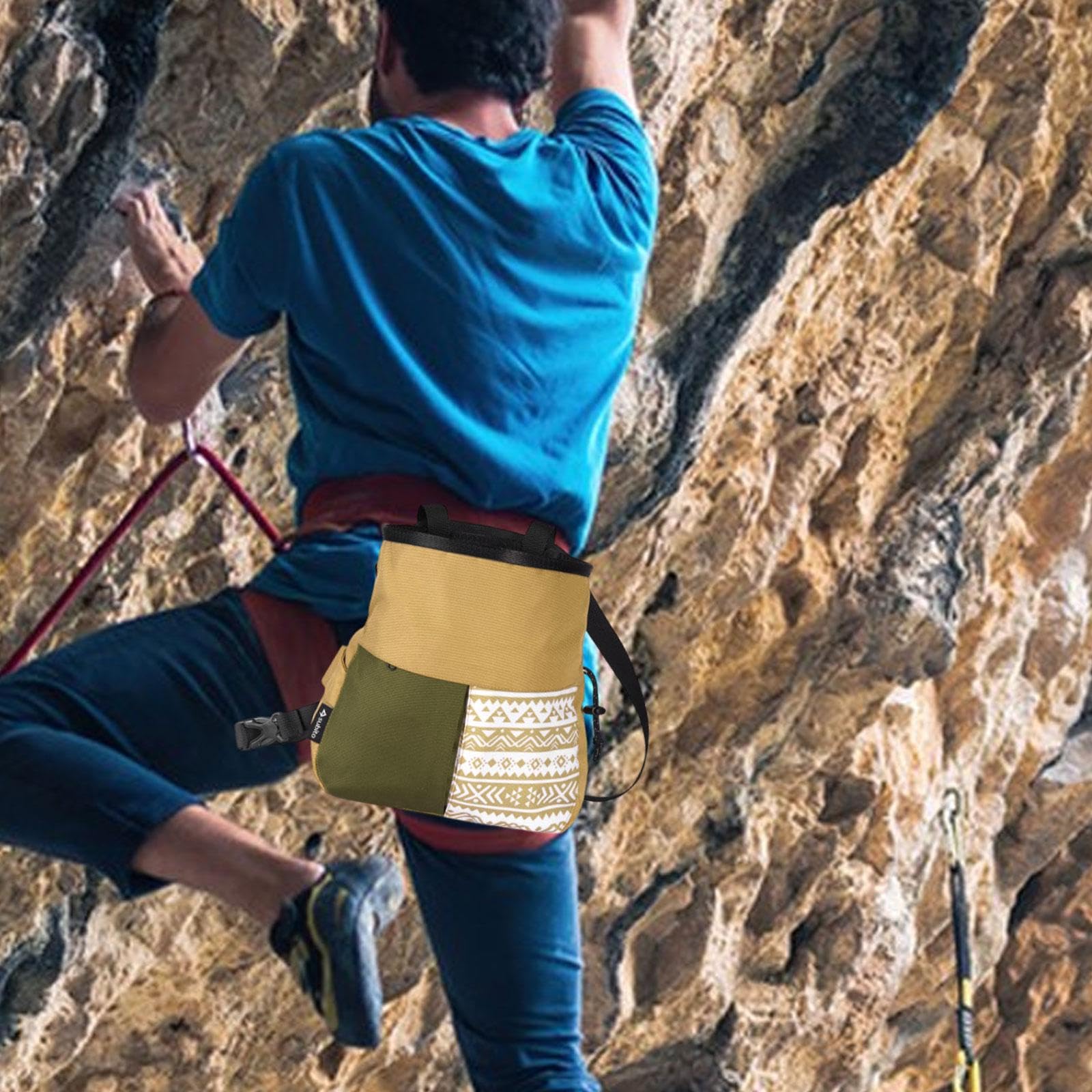 Borsa Porta Magnesite da Arrampicata con Ampia Apertura, Chiusura Sicura, Materiale Oxford, Adatta per Arrampicata in Palestra E All'aperto, Cachi Grande