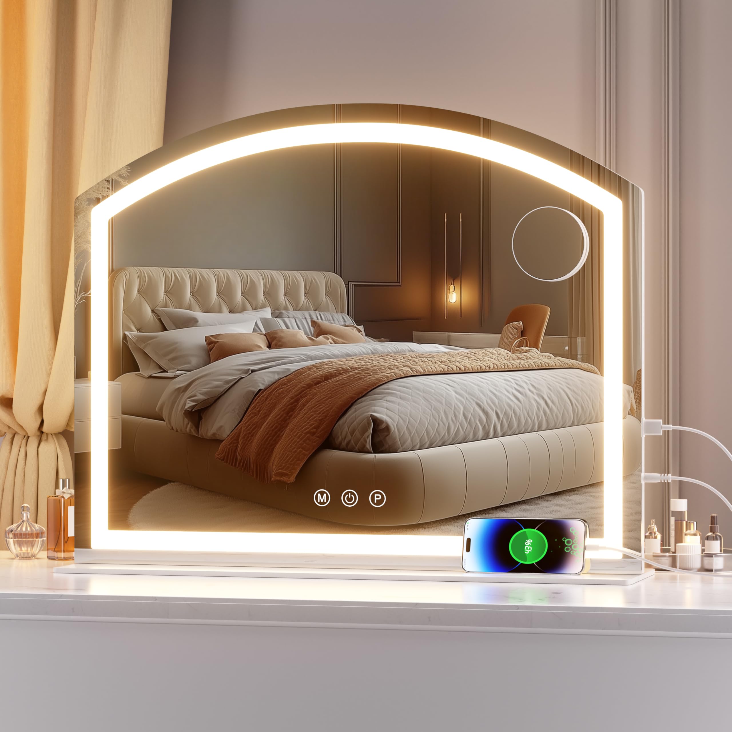 Hasipu Espejo de tocador de Arco con luz, Espejo de Maquillaje LED arqueado de 28 x 22 Pulgadas con Aumento de 10x, Espejos de Escritorio de Mesa con Puerto de Carga USB, Modo Regulable de 3 Colores