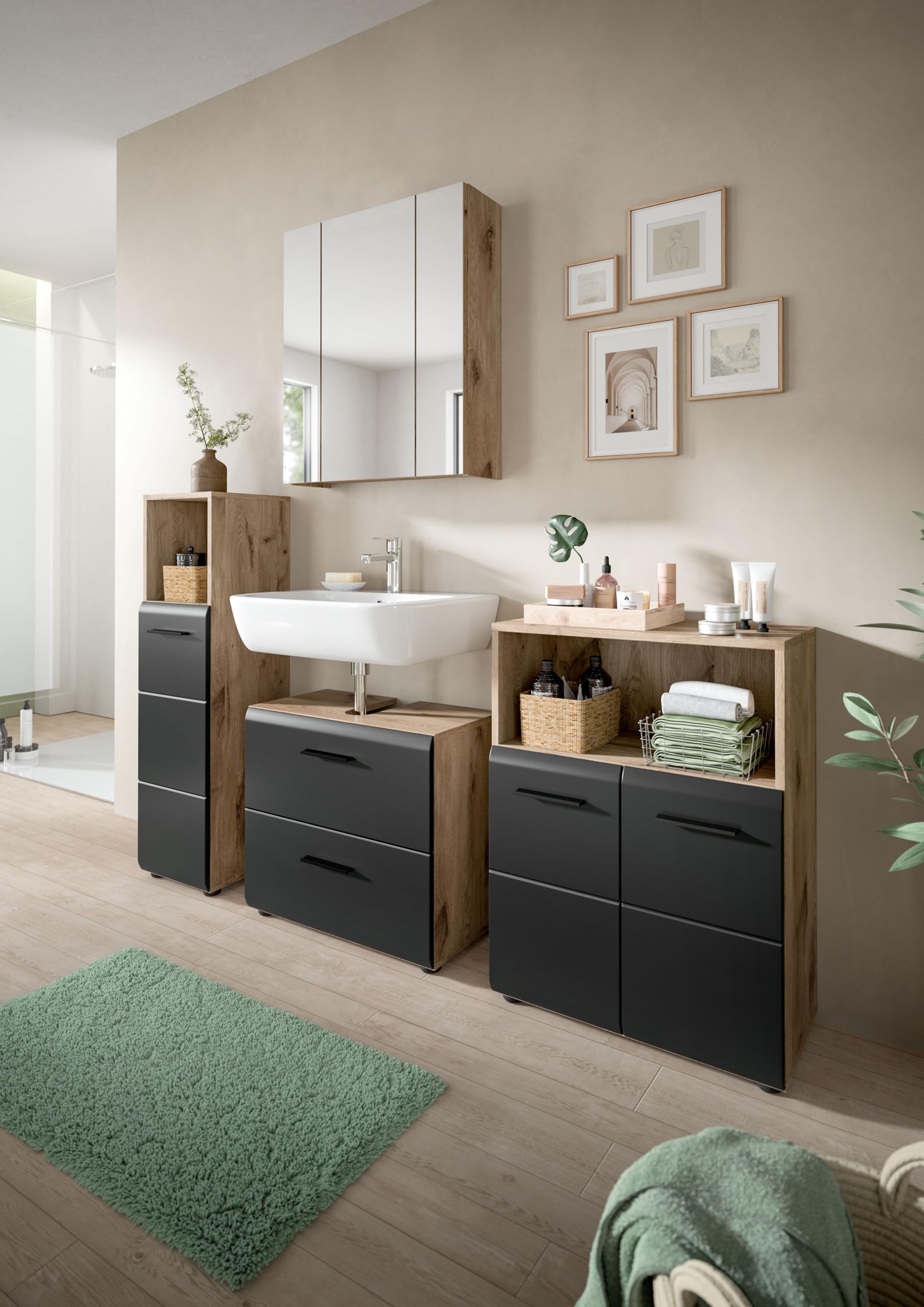 xonox.home – 4 TLG. Badkombination Ice 180x185x30 cm in Korpus Nox Oak Nachbildung und Front schwarz matt – Moderne Badezimmermöbel Kombination – stilvoll – Bild 5