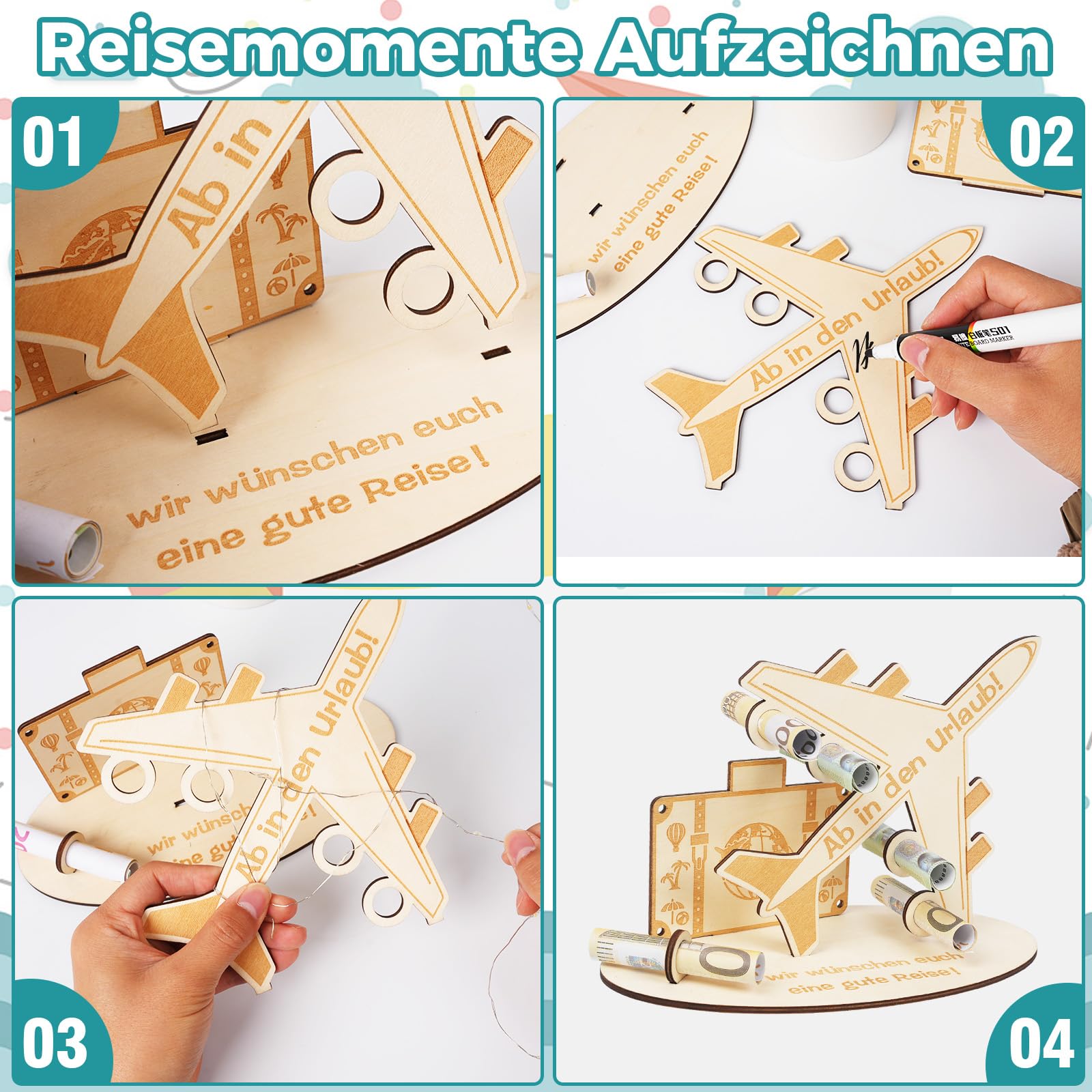 Cadeau Argent En Bois Avion & Globe - Décoration Créative Pour Anniversaire, Mariage, Voyage