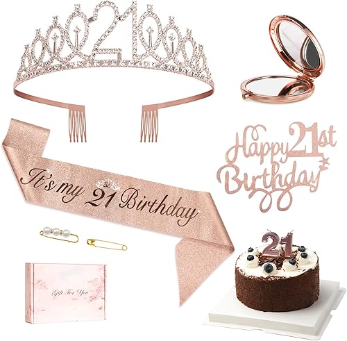 Lomrsiul Decoraciones de cumpleaños 21 para ella, banda y tiara de cumpleaños 21 de color oro rosa, banda y corona de cumpleaños para mujeres, velas