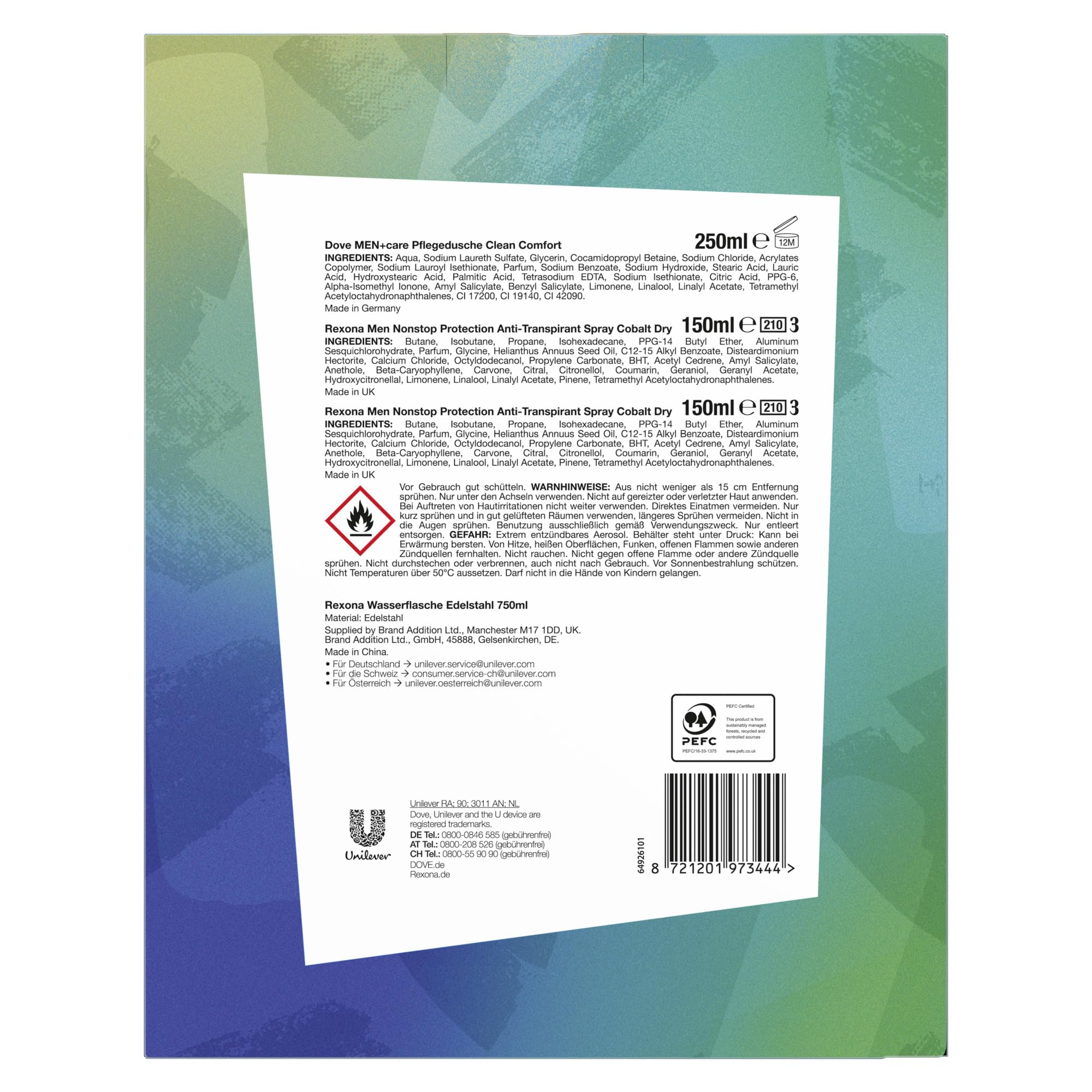 Rexona Geschenkset für Männer Sports Collection Pflegeset mit 2x Anti Transpirant (2x 150 ml), Pflegedusche (250 ml) und einer Trinkflasche aus Edelstahl (750 ml)