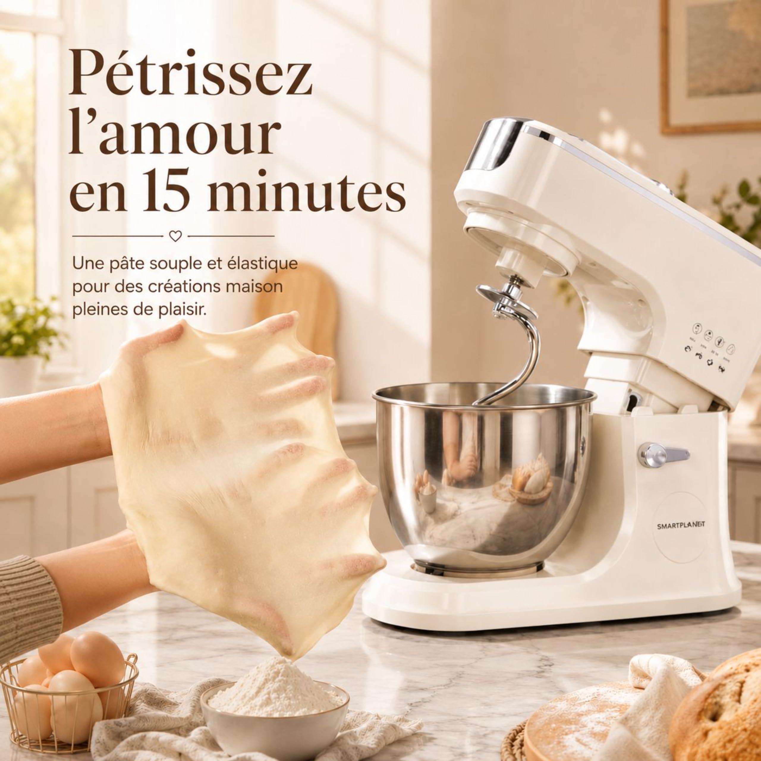 Robot pâtissier 2000W,8L,grande capacité,minuterie,commande intelligente à11vitesses, écran numérique,mode fermentation,5fonctions préréglées,4accessoires,ventouses,démarrage en un clic Pétrin