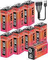 Vista 8 de HW Paquete de 4 baterías de 9 voltios, batería de litio recargable de 1400 mAh de 9 V con cable de carga rápida USB C, baterías cuadradas de más