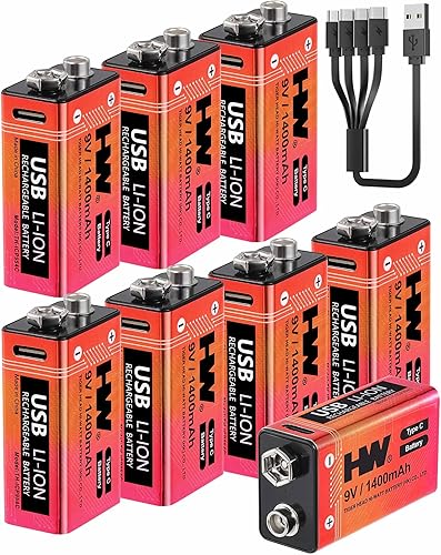 Miniatura 8 de HW Paquete de 4 baterías de 9 voltios, batería de litio recargable de 1400 mAh de 9 V con cable de carga rápida USB C, baterías cuadradas de más