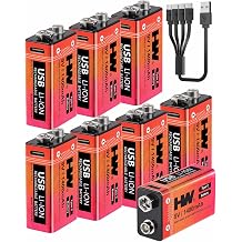 HW 9V Rechargeable Lithium Battery 8 Pack, 1400mAh 9 Volt Batteries with USB C Fast Charging Cable, 1000+ Cycles Square Baterias for Smoke Detectors, Fire Alarms, Remote Controls, Clocks and More