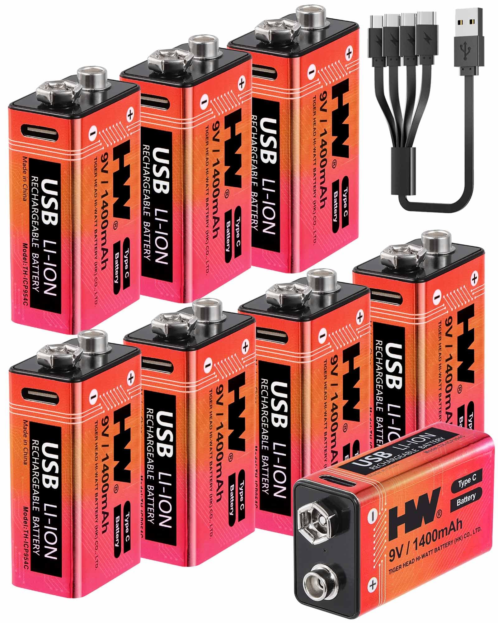 HW 9V Batteries 1400mAh Long Lasting Power USB-C 8 Pack for Guitar Pedals