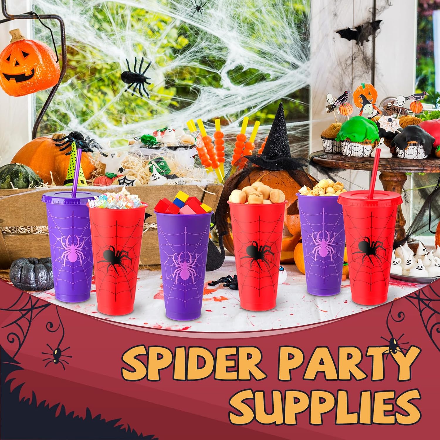 Qinyoung 24 Sets 24 oz Spider Cups Spider Birthday Party Supplies Reusable Red Purple Web Themed Plastic Cups with Lid and Straw Bulk for Birthday Halloween Party Decorations Favors Celebration Gifts