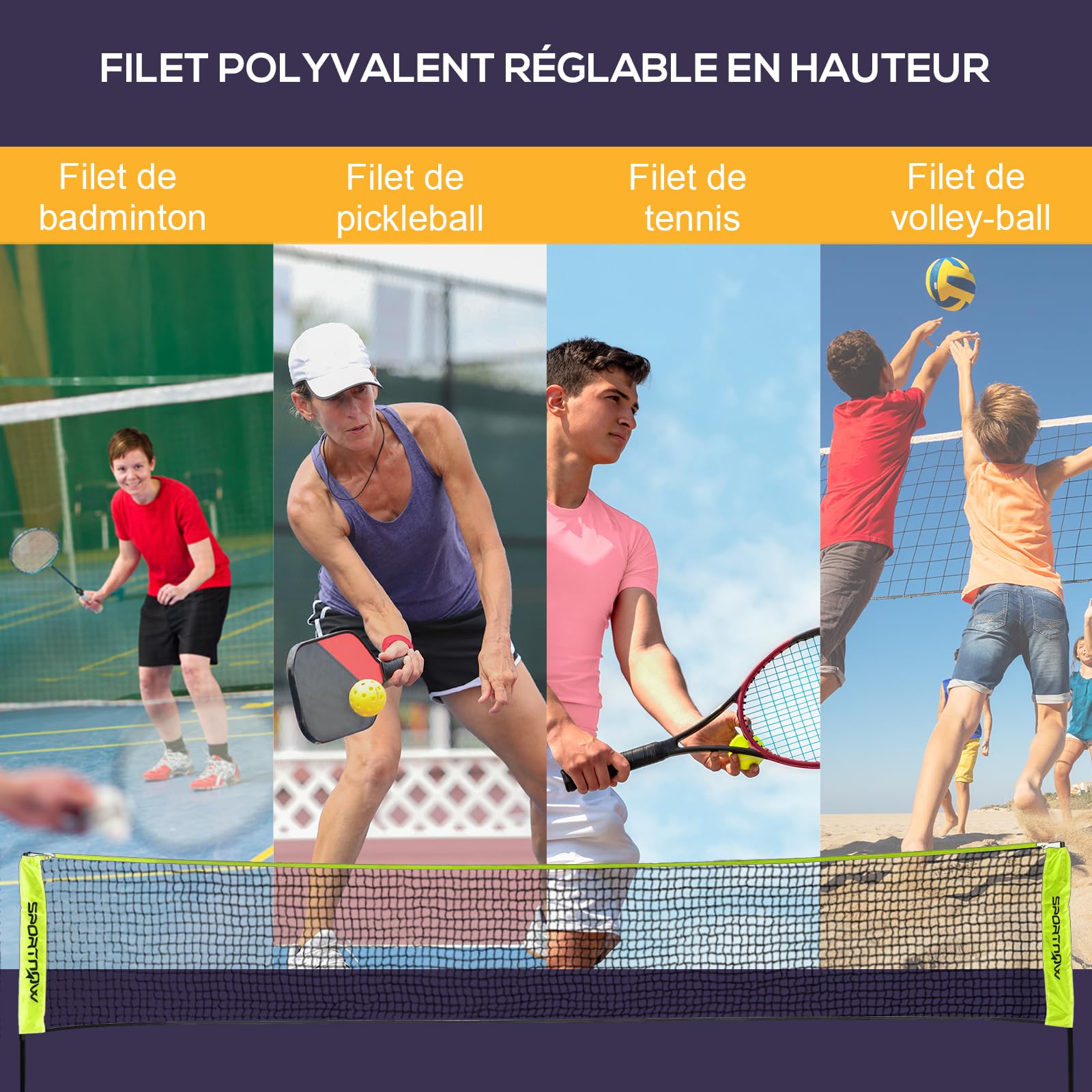 SPORTNOW Filet de Badminton, Filet Portable pour Volley-Ball, Pickleball et Tennis, Hauteur Ajustable de 107 à 155 cm, avec Sac de Transport, Cadre métallique