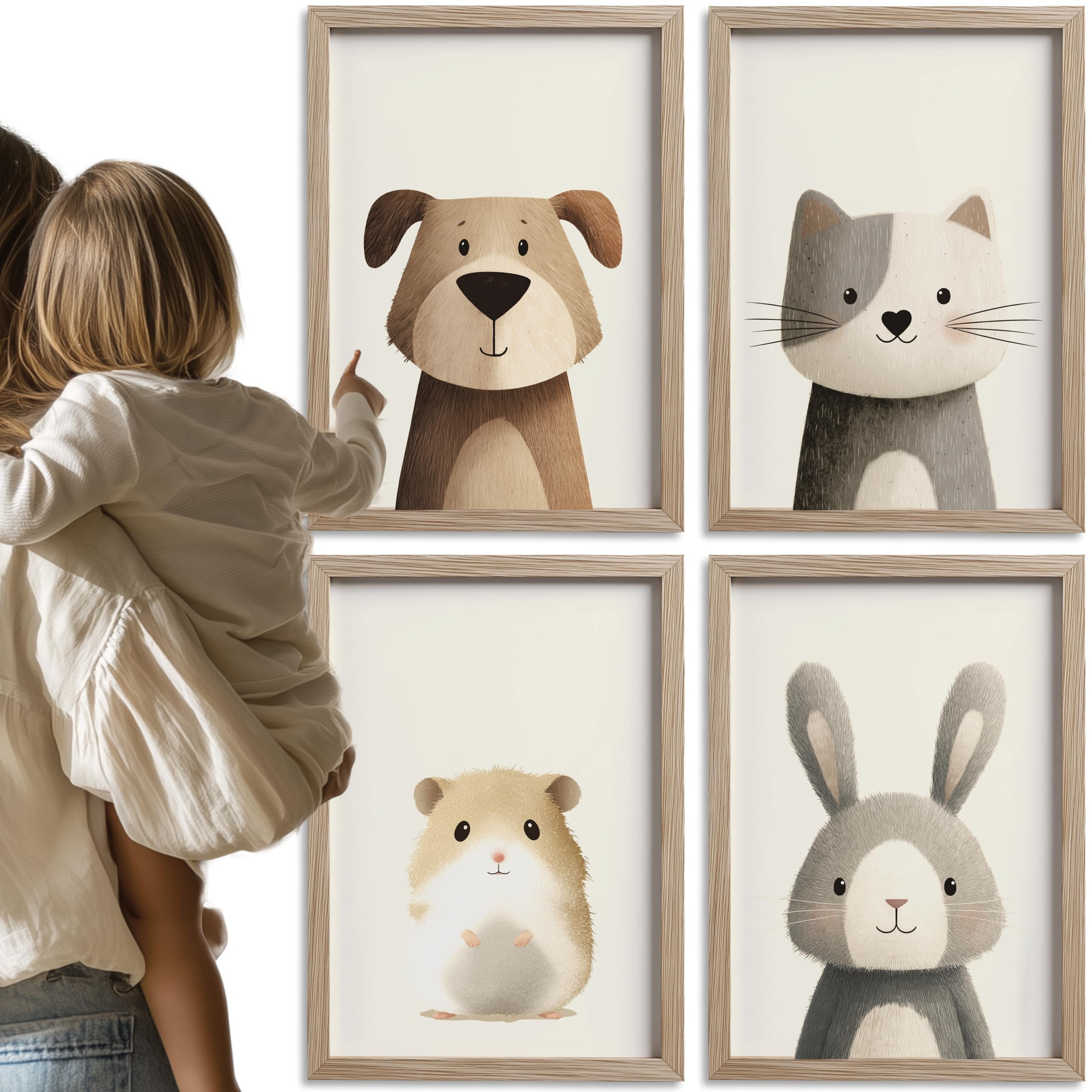 PACKLIST® Décoration Chambre Bébé – Posters Animaux (Chat, Chien, Hamster, Lapin) DIN A4 (21x30cm), 250 g/m², sans cadre. Impressions d'art parfaites pour garçons et filles