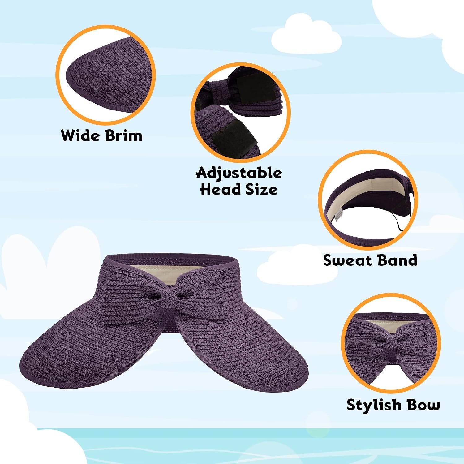 Straw Sun Visor for Women, Wide Brim UPF 50+ Protection Beach Hat, Adjustable, Roll Up Foldable Ponytail Cap with Chin Strap