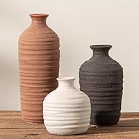 Dobbyby Ceramic Vase Set of 3 Brown - Neutral Pottery Vases for Farmhouse Boho Rustic Decor, Pampas Grass, Mantel Shelf Tabletop Accents