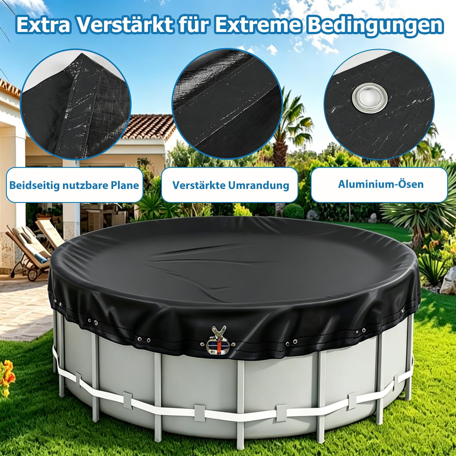 Bâche de Piscine Ronde pour piscines Ø 320-366 cm, bâche Solaire résistante aux UV, en polyéthylène de 200 g/m², bâche de Protection pour l'été et l'hiver, Ø 420 cm