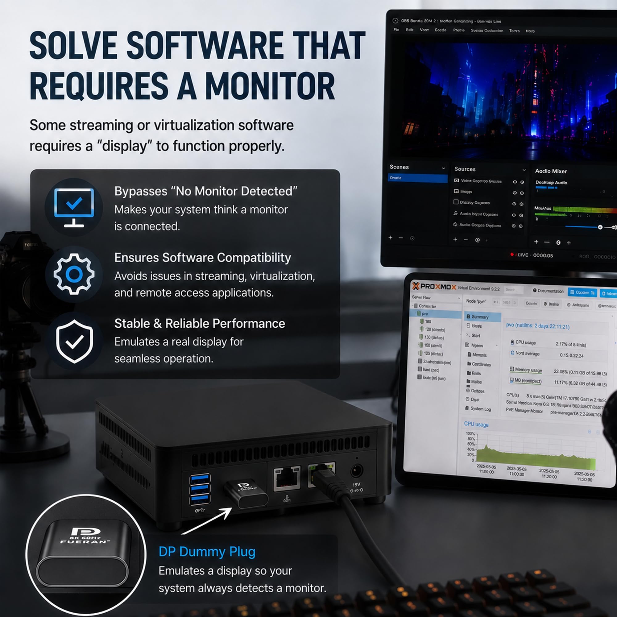 4K60Hz HDR DP Dummy Plug, 3840 x 2160 @ 60 Hz 1440P 120/144Hz 1080p 120/144/240Hz Virtual Display Emulator, displayport Dummy Plug, adapter wyświetlacza Headless Ghost, monitor EDID (3, czarny)