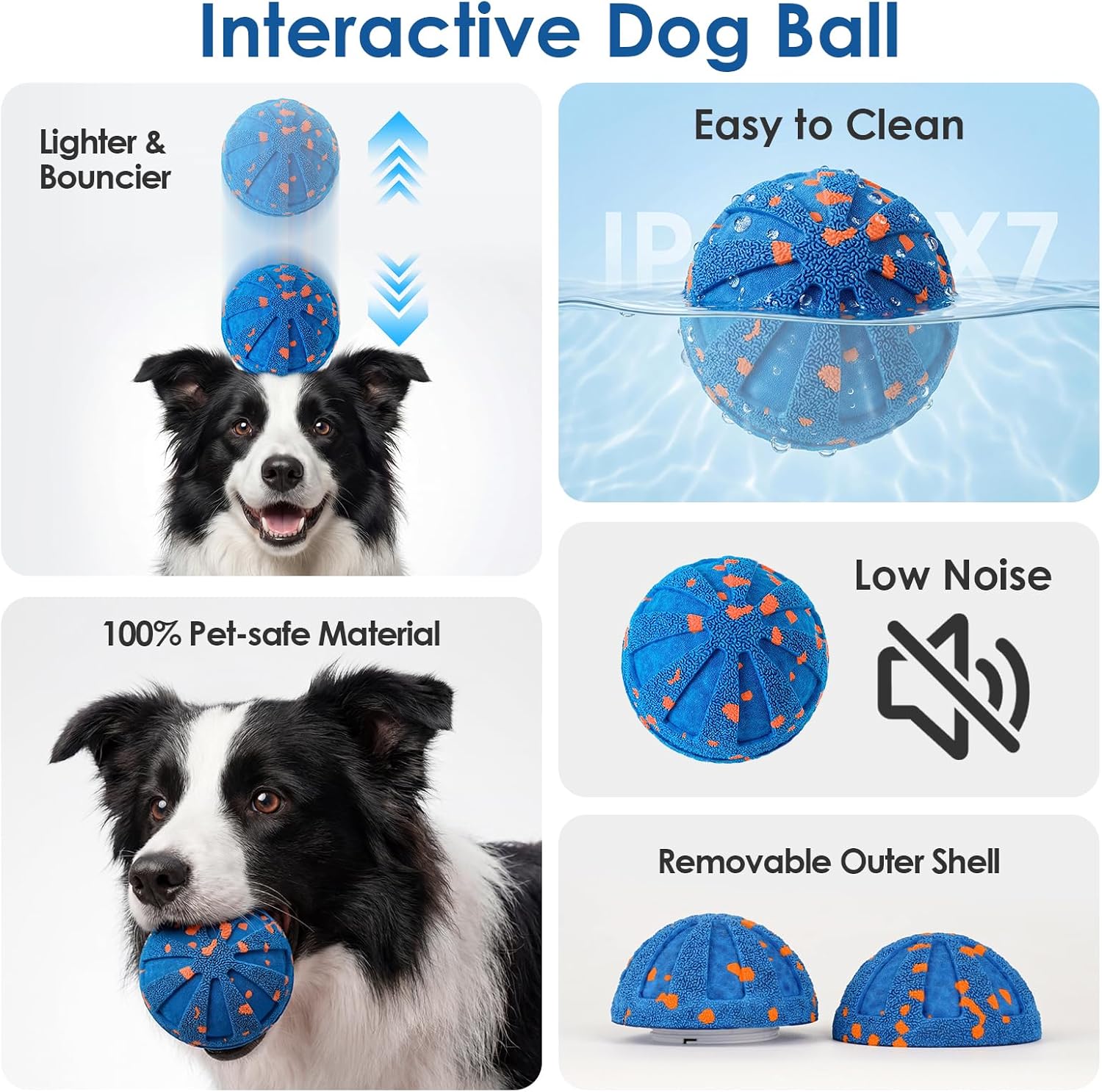 Interactive Dog Ball Toy for Medium Large Dogs, Durable E-TPU Bouncing Ball with Rechargeable Battery, Waterproof for Outdoor Play, Keeps Dogs Engaged (Blue)