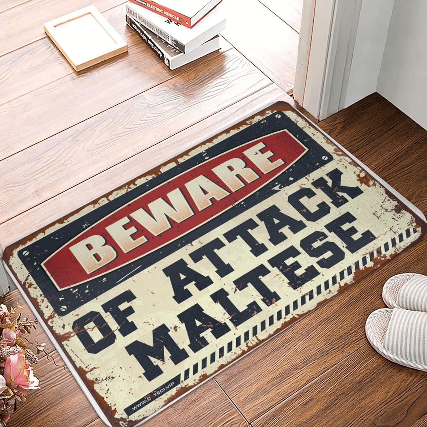 Outdoor Door Mats for Outside Entry Beware of Attack Maltese Doormat Small Outdoor Mat Welcome-Ish Front Door Sign(65X90CM)