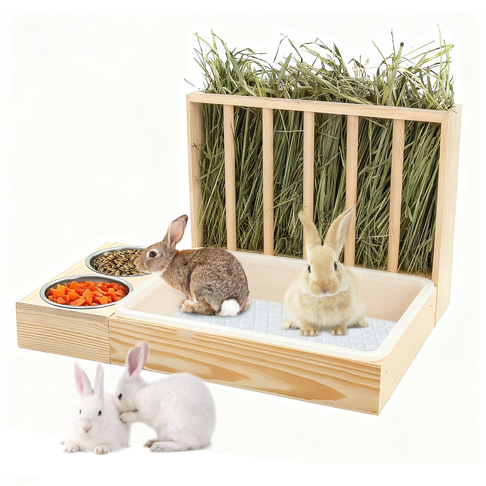 Râtelier à Foin en Bois, Grand Râtelier à Foin Multifonction avec Toilettes et Gamelle Mangeur de Foin de Lapin Support à Nourriture en Herbe pour Lapins Nains Cochons d'Inde Hamsters