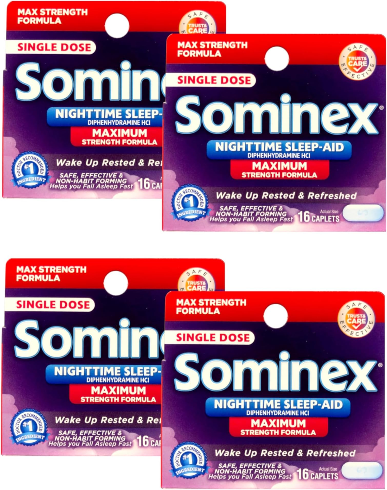 Sominex Nighttime Sleep-Aid Caplets, Maximum Strength, 16 ea (Pack of 4)