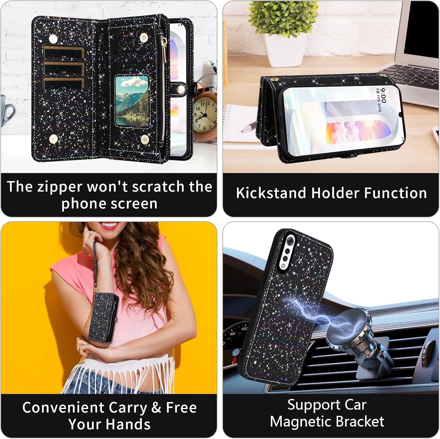 Phone Case for LG Velvet 5G/LGVelvet Verizon G5 UW T-mobile 2020 Zipper Wallet Magnetic Detachable Cover with Screen Protector and Glitter Card Holder Stand Cell LM G900UM 4G Tmobile Women Men Black