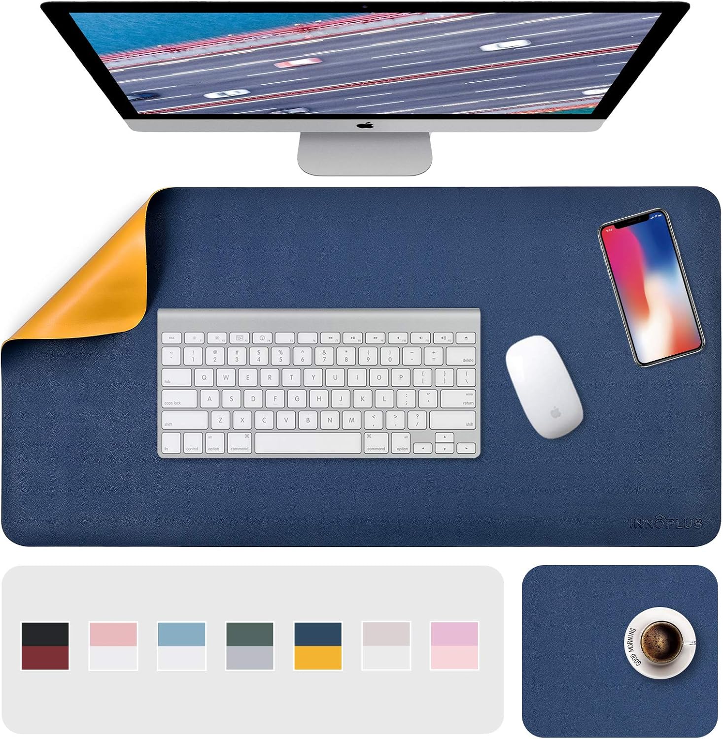 Desk Pad, Desk Mat, Mouse Mat, XL Desk Pads Dual-Sided Blue/Yellow, 31.5" x 15.7" + 8"x11" PU Leather Mouse Pad 2 Pack Waterproof, Mouse Pad for Laptop, Home Office Table Protector Blotter Gifts